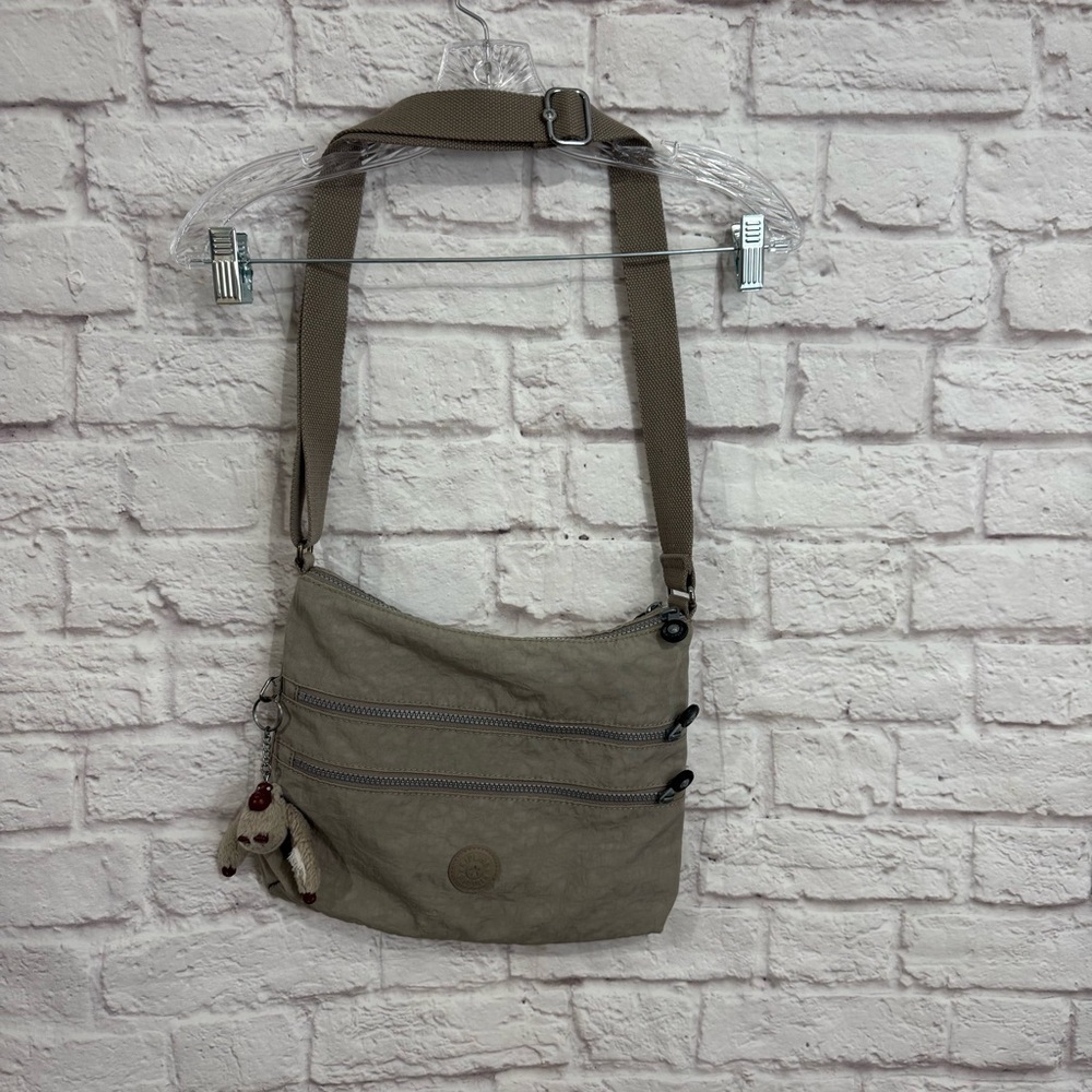Kipling Alvar crossbody bag solid khaki grayish with monkey adj strap nylon